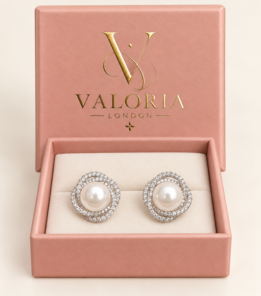 Florence Pearl Halo Earrings presented in Valoria London jewellery box