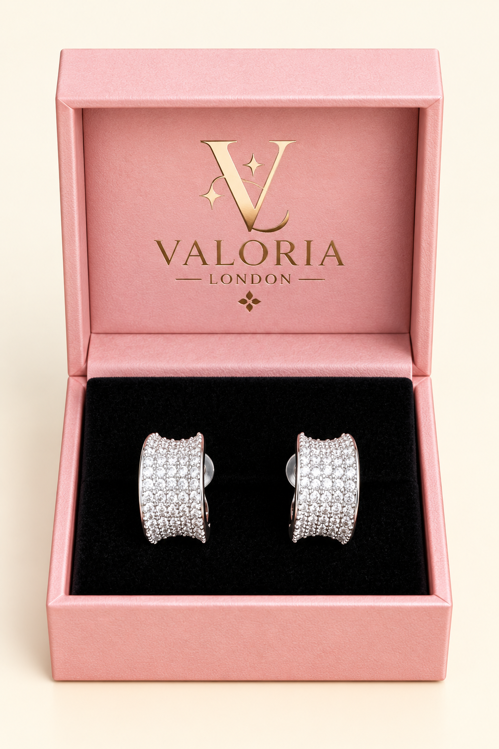 Lumière Pavé Curve Earrings presented in a pink Valoria London jewellery box