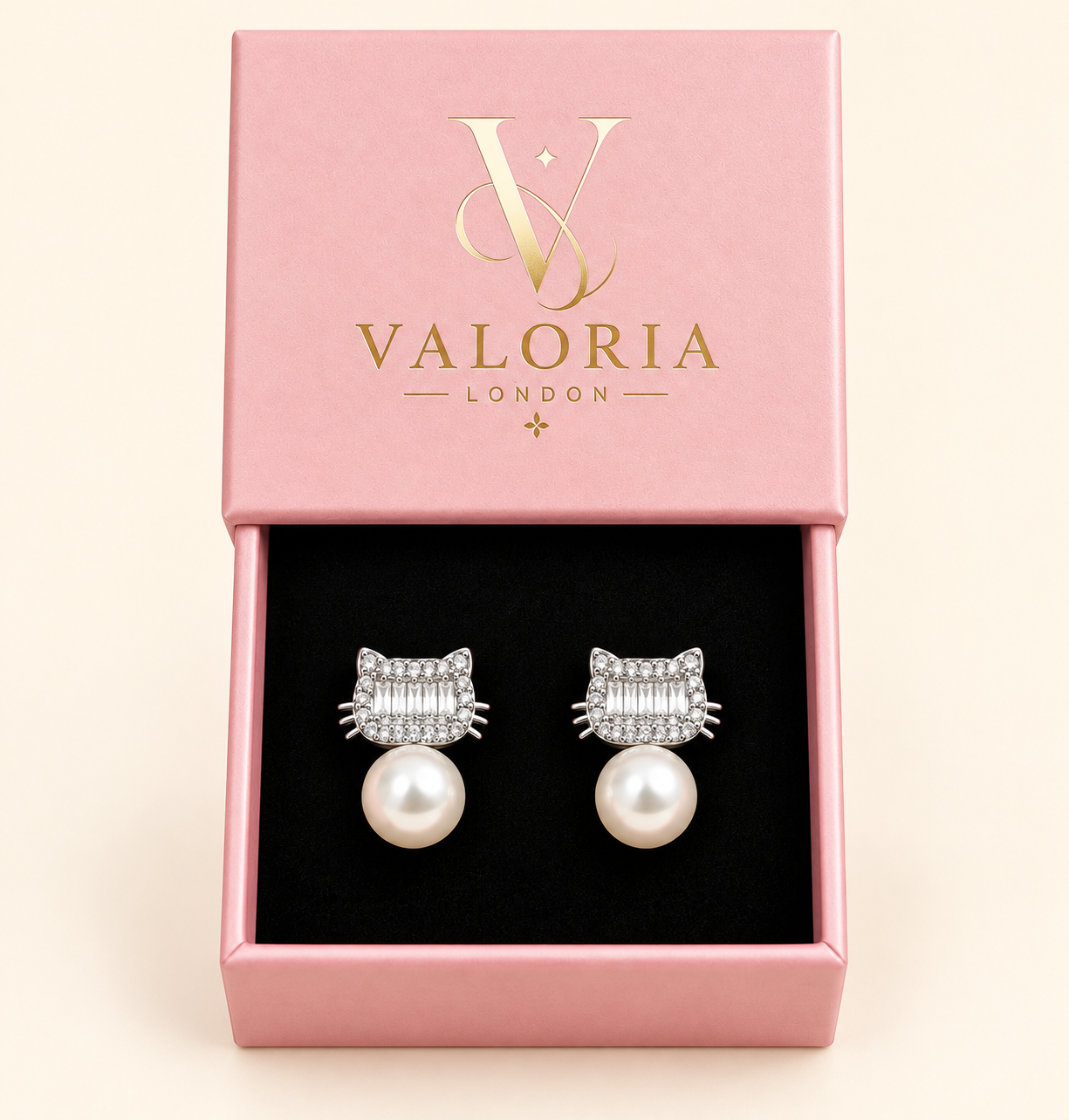 Luna Crystal Cat & Pearl Earrings presented in Valoria London jewellery box
