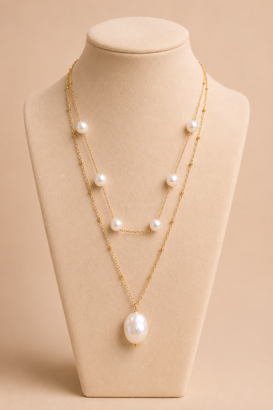 Aurelia baroque pearl layered gold necklace with two chains and six pearl accents