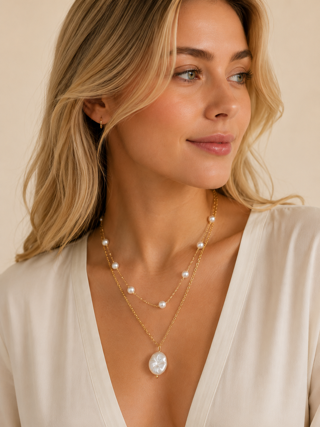 Model wearing Aurelia baroque pearl layered gold necklace with two-chain design