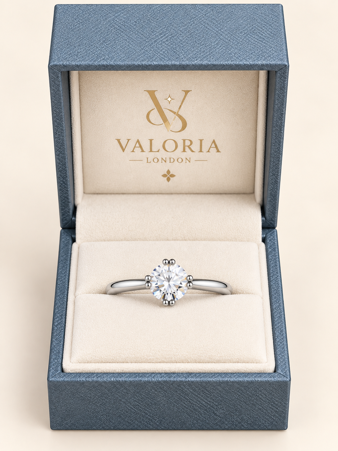 Aurelia round solitaire ring presented in a Valoria London jewellery box