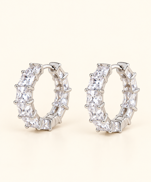 Ava Crystal Hoop Earrings with square-cut crystals in silver tone