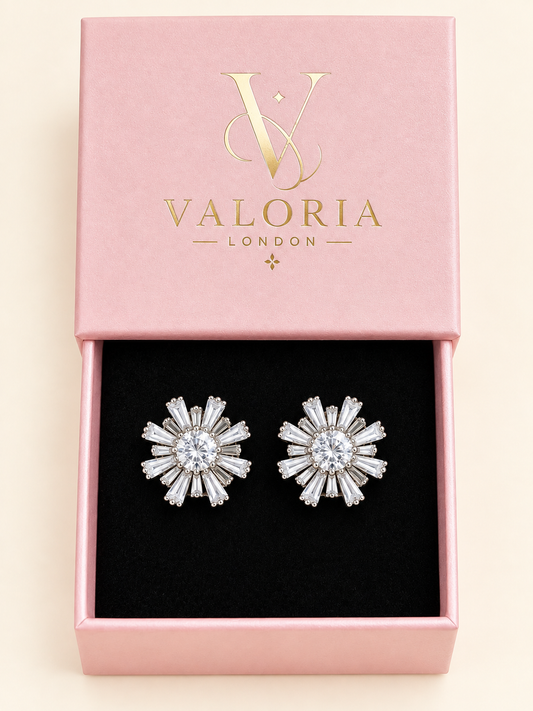 Celeste Crystal Sunburst Earrings presented in a pink Valoria London jewellery box