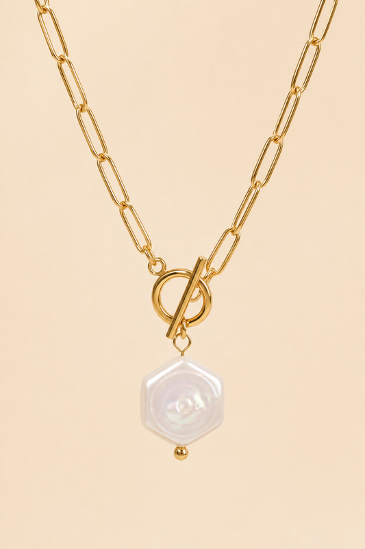 Celeste gold paperclip chain toggle necklace with hexagonal pearl pendant