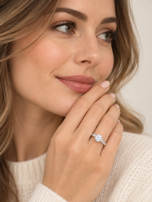 Model wearing the Celeste Round Crystal Pavé Ring by Valoria London