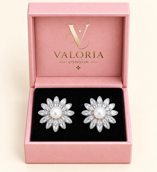 Daisy Pearl Bloom Earrings presented in pink Valoria London jewellery box