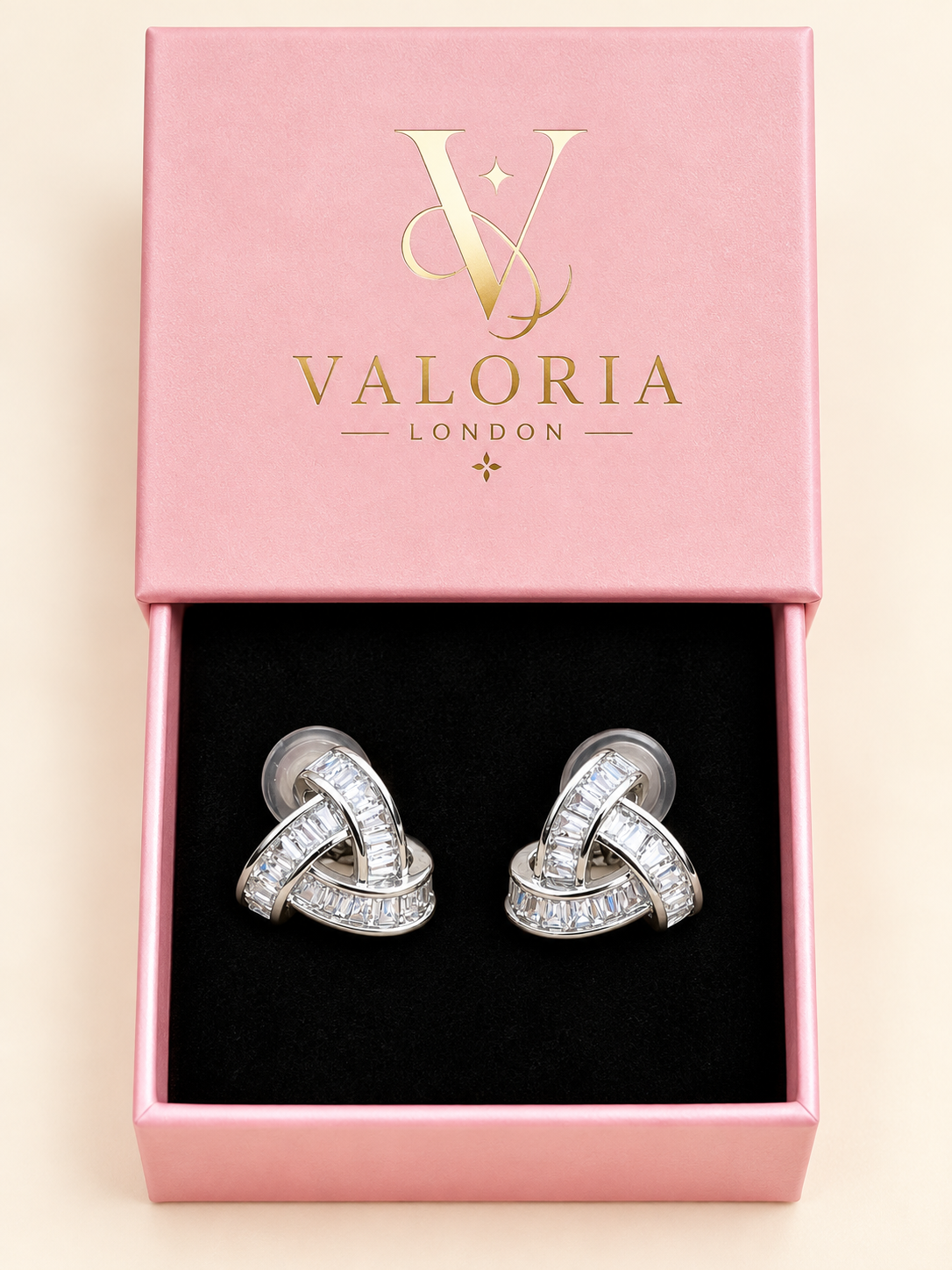 Élodie Crystal Knot Earrings presented in pink Valoria London jewellery box
