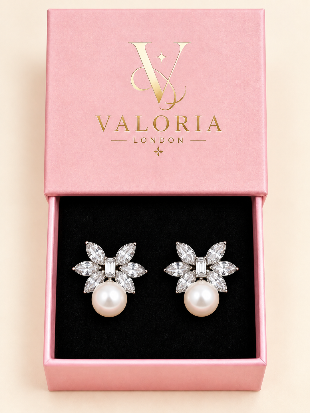 Fleur Pearl Drop Earrings presented in pink Valoria London jewellery box