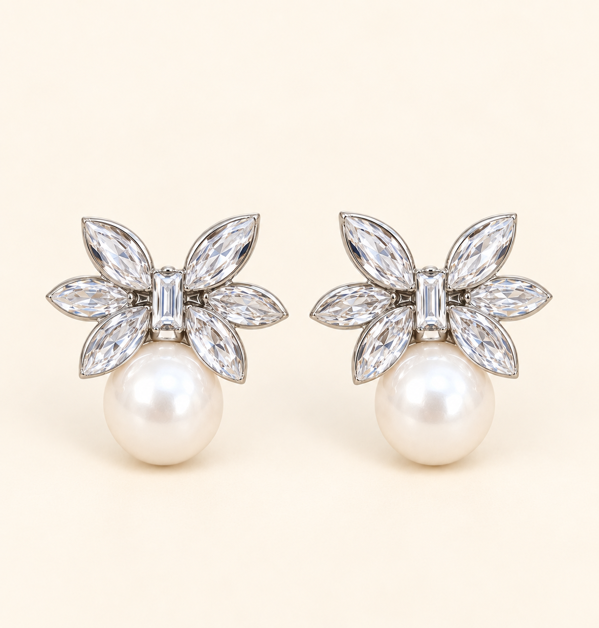Fleur Pearl Drop Earrings with marquise-cut crystals and pearl drops