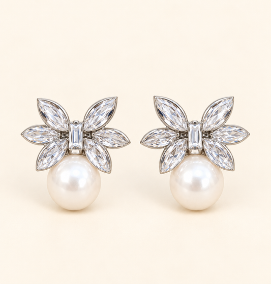 Fleur Pearl Drop Earrings with marquise-cut crystals and pearl drops