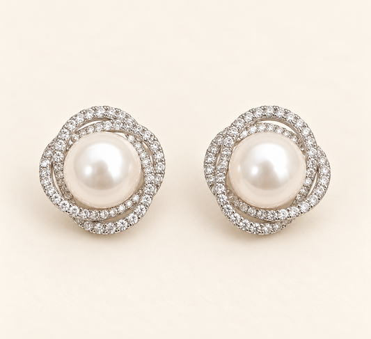 Florence Pearl Halo Earrings with pearl centre and baguette crystal halo