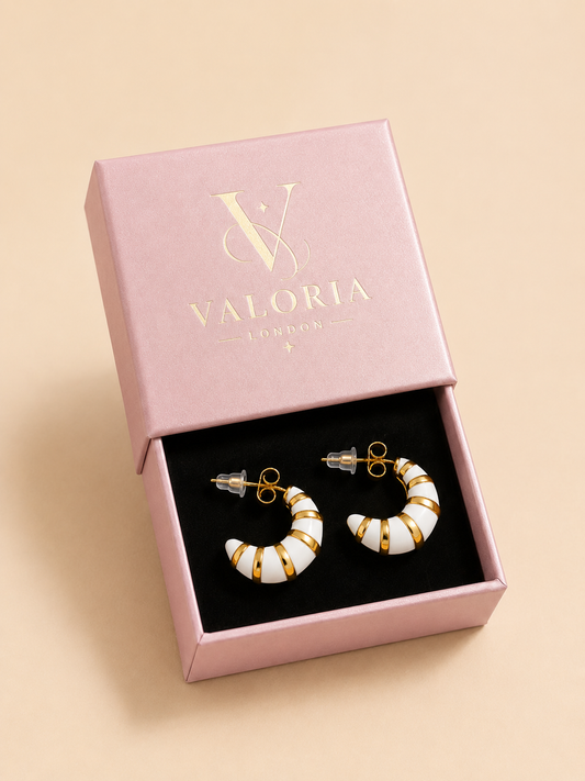 Ivory Riviera white enamel hoop earrings presented in Valoria London jewellery box