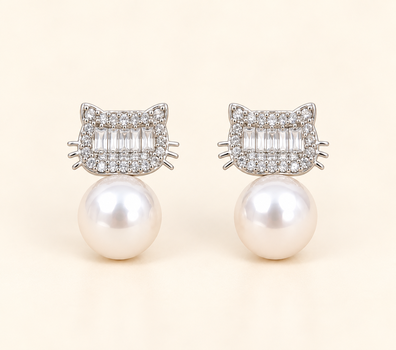 Luna silver-tone crystal cat earrings with pearl drops