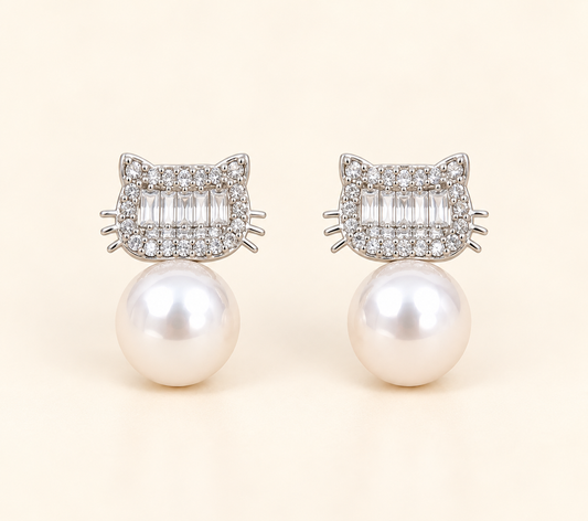 Luna silver-tone crystal cat earrings with pearl drops