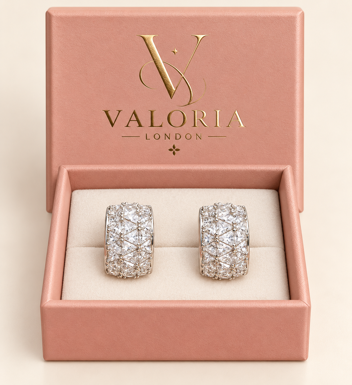 Milan Crystal Huggie Earrings presented in Valoria London jewellery box