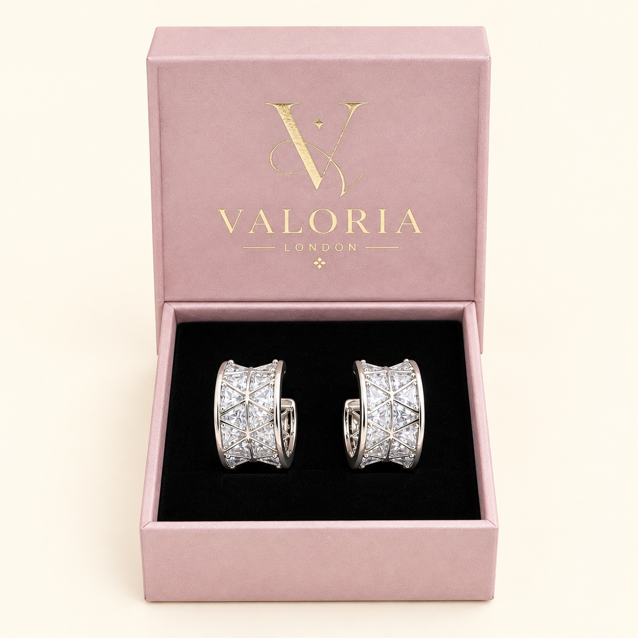 Monaco Crystal Hoop Earrings presented in Valoria London jewellery box
