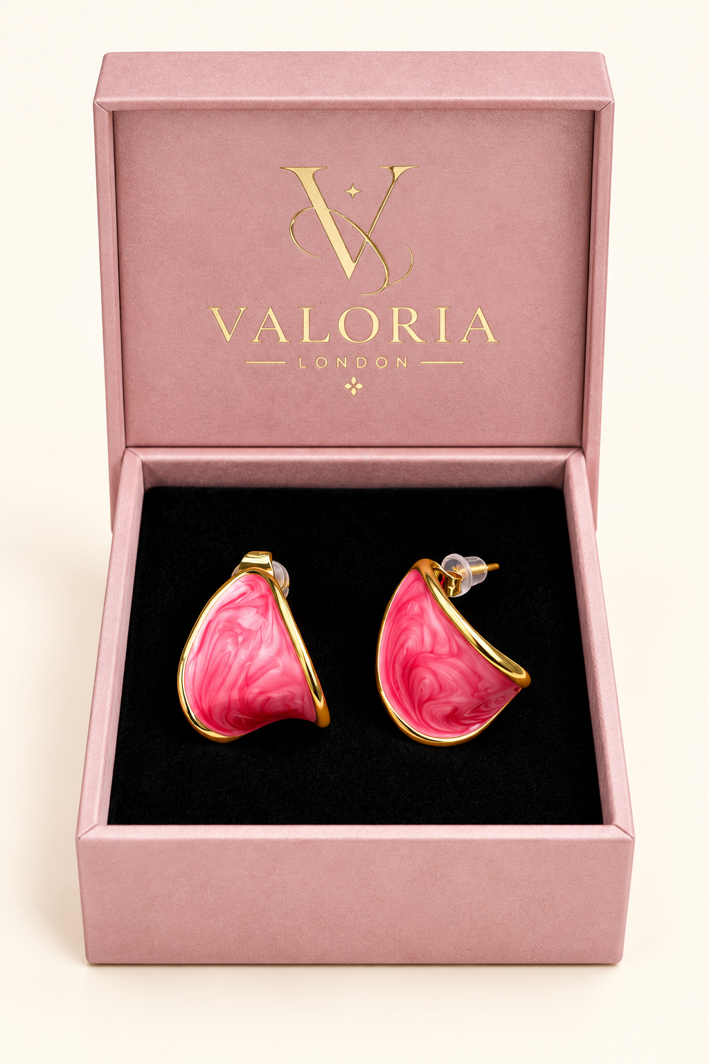 Roselle Pink Marble Sculpted Earrings presented in a Valoria London jewellery box