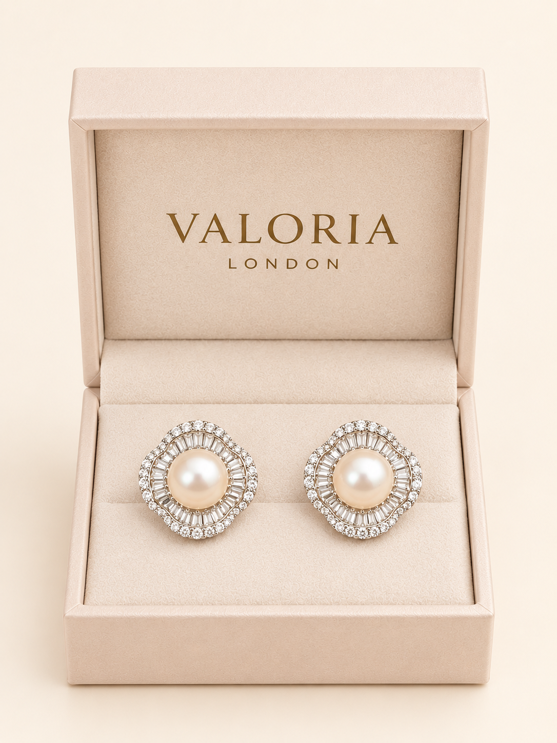 Serena Pearl Halo Earrings presented in Valoria London jewellery box