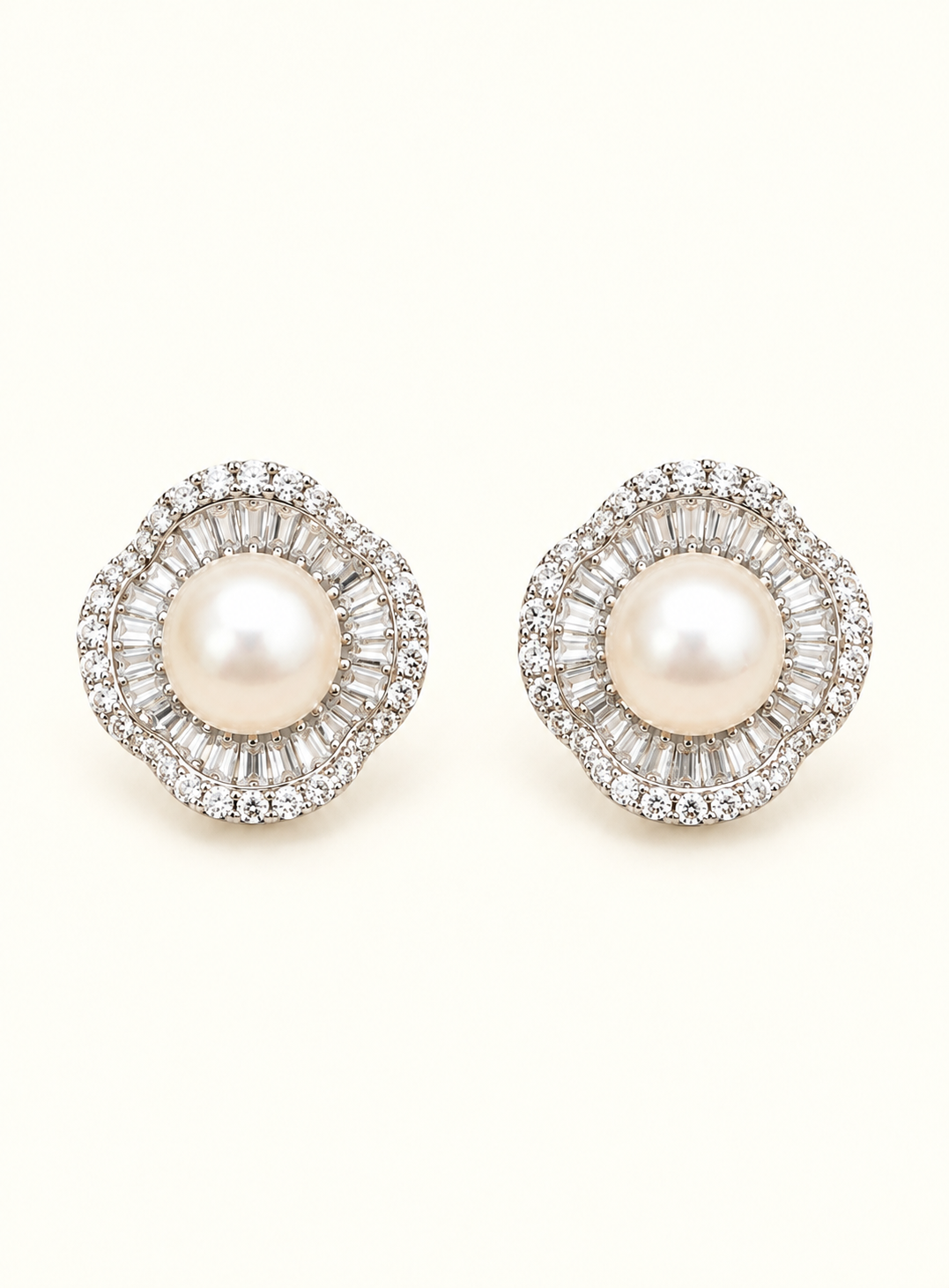 Serena Pearl Halo Earrings with pearl centre and double crystal halo