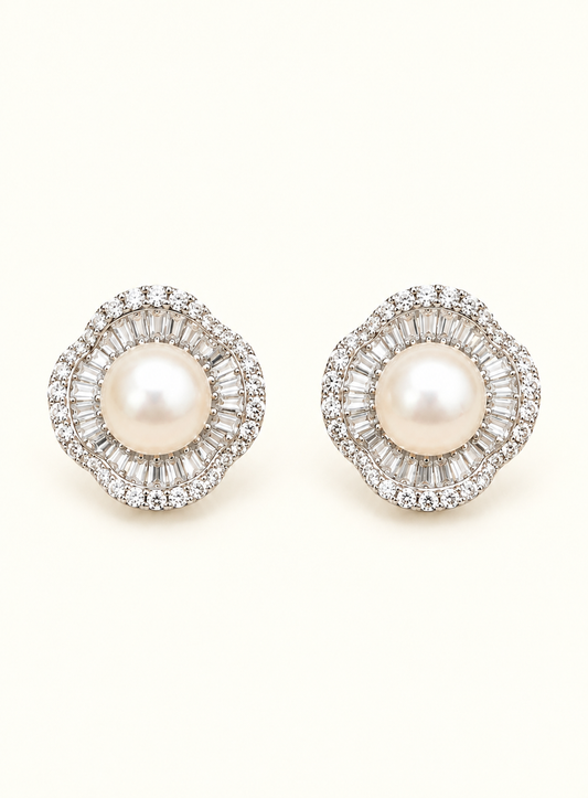 Serena Pearl Halo Earrings with pearl centre and double crystal halo