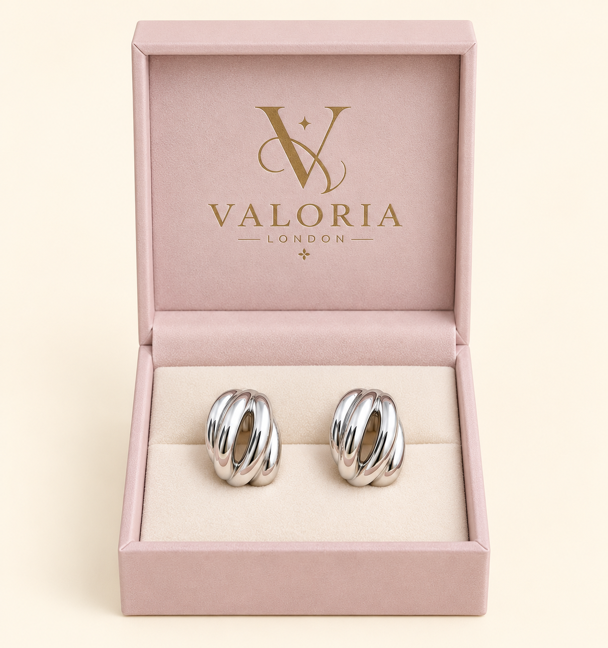 Sienna Sculpted silver hoop earrings presented in Valoria London jewellery box